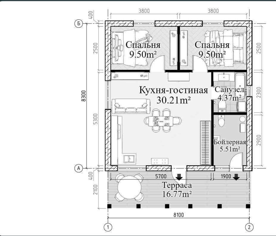 План Гранит 75: две спальни, кухня-гостиная, санузел, котельная и терраса