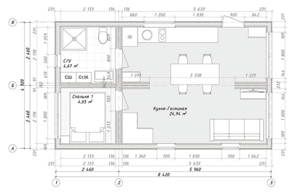 План Гало 42,5: кухня-гостиная 24,94 м², спальня и санузел